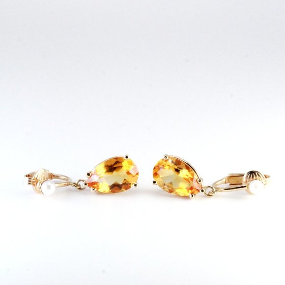 14K Gold Vintage Citrine Pearl Retro Clip Earrings - Picture 6 of 8